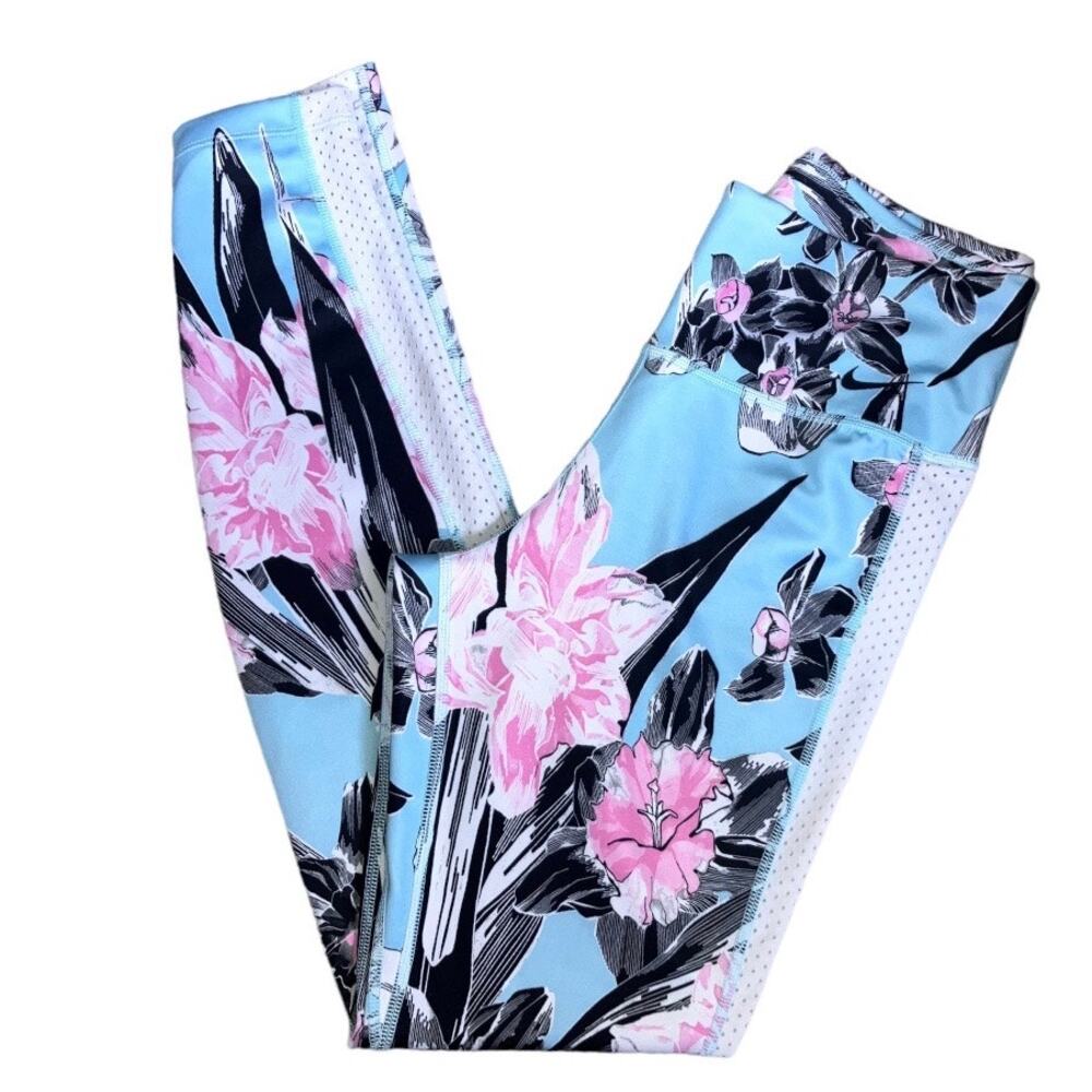 Nike DriFit Light Blue Pink Black Floral Leggings Small